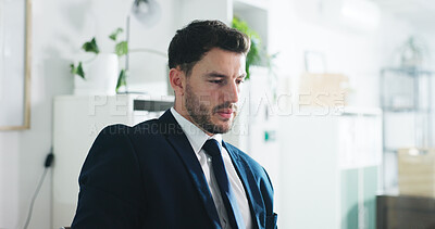 Buy stock photo Thinking, serious and businessman in office with stress for finance report with budget review. Planning, worry and male financial advisor with feedback for investment proposal with problem solving.