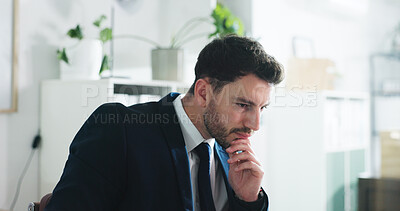 Buy stock photo Thinking, employee and man in office, planning and serious for wealth management or idea for project. Financial advisor, person and reflection for investment opportunity, corporate and thoughtful