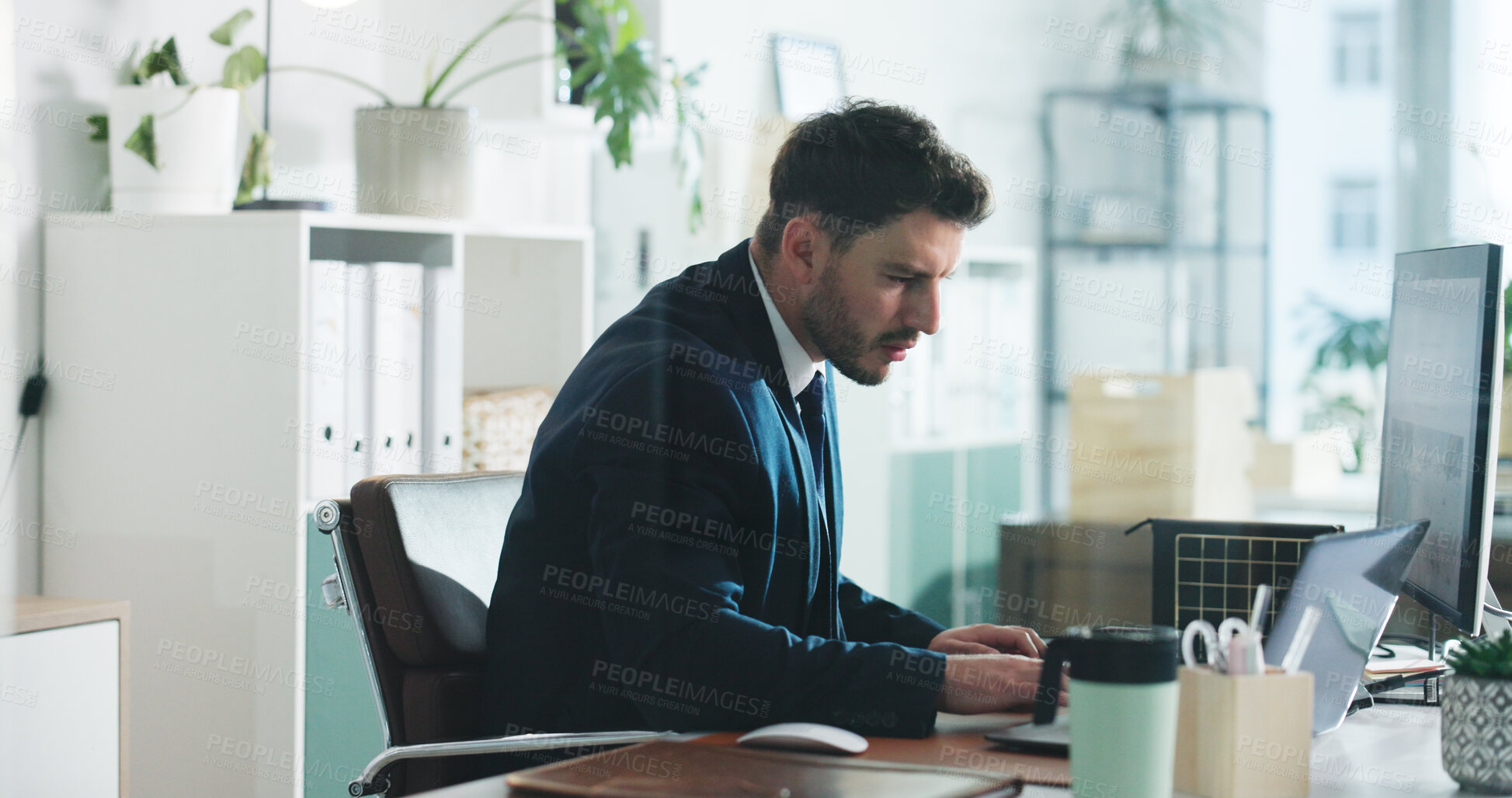 Buy stock photo Research, reading and computer with business man in office for stock market broker, planning and account report. Risk assessment, online and investor trading with person in agency for virtual advisor