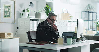 Buy stock photo Thinking, reading and laptop with business man in office for stock market broker, vision or account report. Risk assessment, idea and investor trading with mature person in agency for virtual advisor