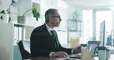 Buy stock photo Corporate, businessman and research in office with computer, financial statements and accounting admin. Mature person, browsing and reading in workplace with desktop, audit planning and check email.