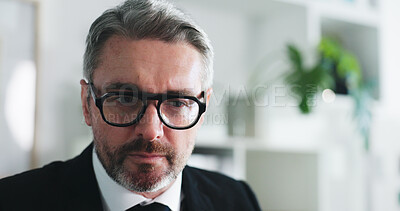 Buy stock photo Man, financial advisor and glasses with thinking at office for portfolio management at investment company. Mature person, broker and perspective for stock market trader, decision or insight at agency