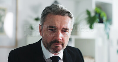Buy stock photo Mature man, financial advisor and thinking at office for review with investment portfolio at company. Person, broker and perspective with stock market research, insight and asset management agency