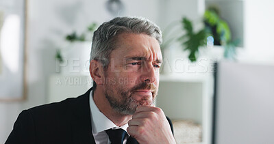 Buy stock photo Thinking, decision and mature businessman in office with planning for finance investment project. Ideas, reflection and male financial manager with choice for career development in workplace.