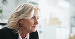 Corporate, businesswoman and thinking in office with decision, planning or contemplation for audit. Space, mature person and reflection in workplace with accounting strategy, idea or problem solving.