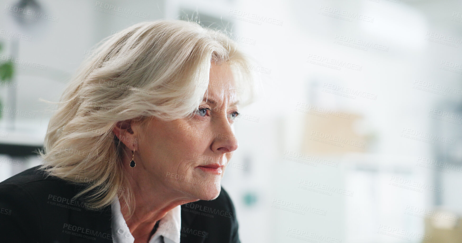 Buy stock photo Corporate, businesswoman and thinking in office with decision, planning or contemplation for audit. Space, mature person and reflection in workplace with accounting strategy, idea or problem solving.