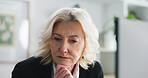 Thinking, decision and mature businesswoman in office with planning for finance investment project. Ideas, reflection and female financial manager with choice for career development in workplace.