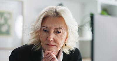 Buy stock photo Thinking, decision and mature businesswoman in office with planning for finance investment project. Ideas, reflection and female financial manager with choice for career development in workplace.