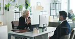Meeting, performance review and business people in office with advice, evaluation or development. Discussion, computer and hr manager with employee for feedback on career growth in workplace.
