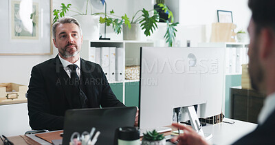 Buy stock photo Meeting, job interview and business men in office with recruitment, hiring or contract. Discussion, technology and male hr manager with candidate for employment process with vacancy in workplace.