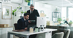 Corporate, businessmen and talk in office with computer, tablet or planning for accounting mentorship. People, meeting or chat in workplace with desktop, audit training or financial statement review.