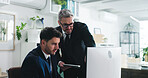 Corporate, businessmen and advice in office with computer, tablet or chat for accounting mentorship. People, talk and planning in workplace with desktop, audit training or financial statement review.