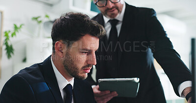 Buy stock photo Corporate, businessmen and advice in office with tablet, discussion or help for accounting mentorship. People, talk and planning in workplace with tech, audit training and financial statement review.