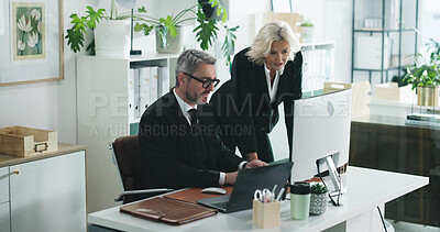 Buy stock photo Corporate, business people and review in office with computer, discussion and accounting mentorship. Manager, team and talk in workplace with desktop, audit training and check financial statements.