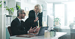 Corporate, business people and discussion in office with computer, advice or accounting mentorship. Window, manager or team in workplace with desktop, audit training or chat for financial statements.