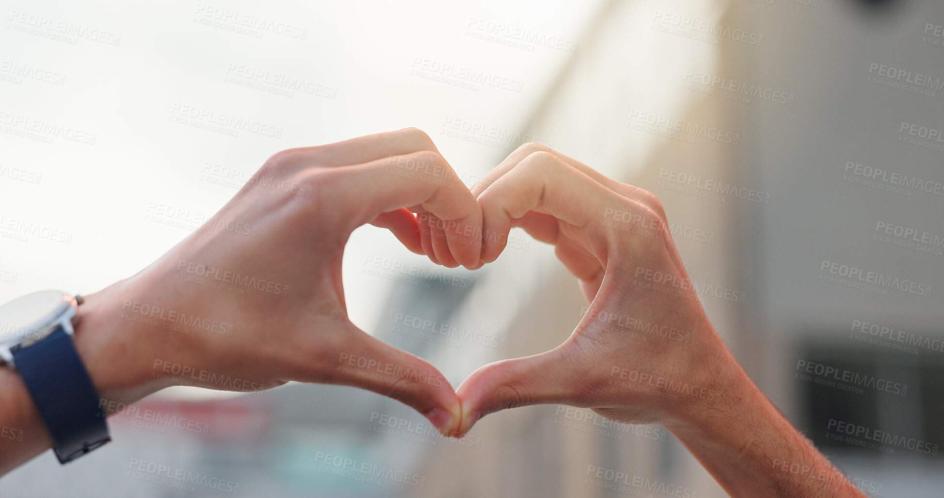 Buy stock photo Heart hands, love and support with man in city for community, gratitude and kindness gesture. Forgiveness, peace and trust with closeup of person outdoor for hope, compassion and care symbol