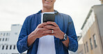 City, hands and person with phone for scroll, chat and browse online or internet. Outdoor, technology and smile with connection and mobile app for social media, networking and text message to contact