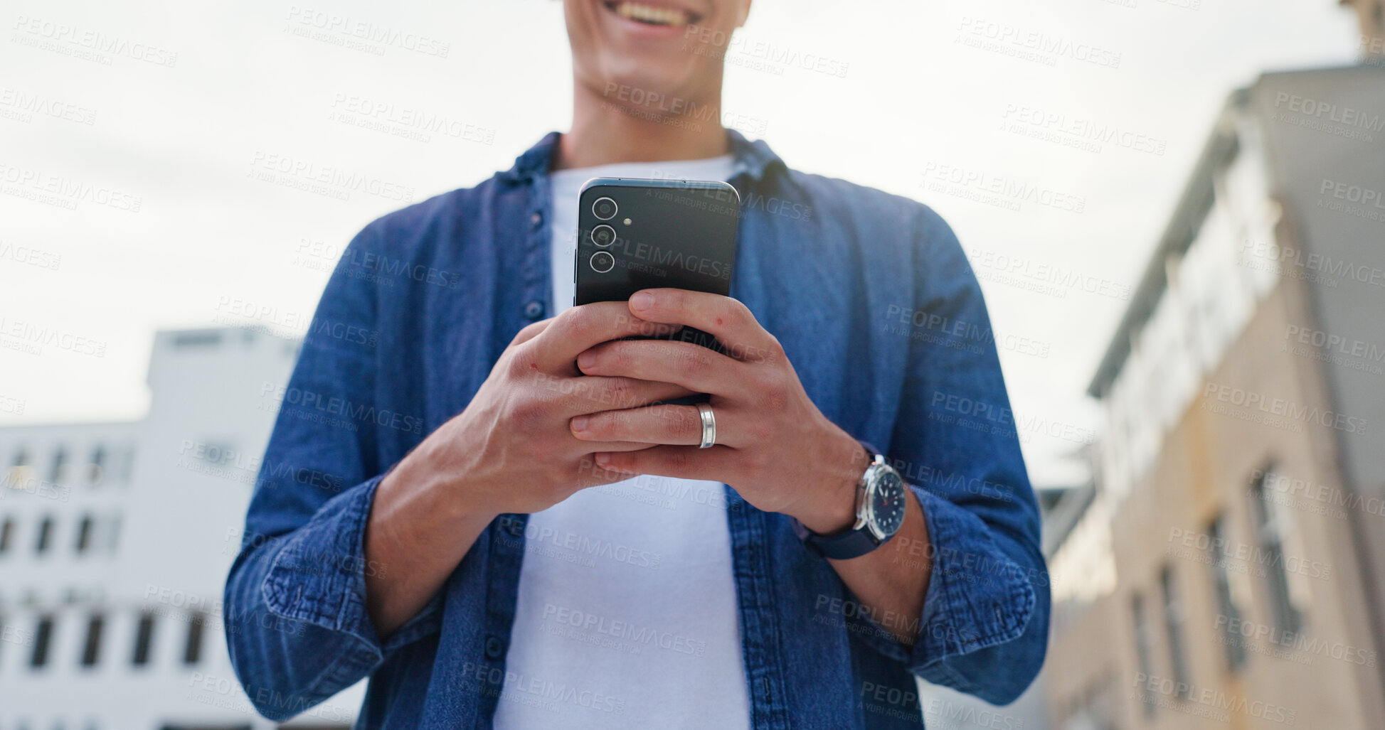 Buy stock photo City, hands and person with phone for scroll, chat and browse online or internet. Outdoor, technology and smile with connection and mobile app for social media, networking and text message to contact