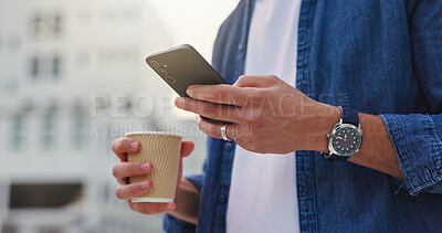 Buy stock photo City, hands and person with phone for chat, scroll and browse online or internet. Outdoor, tech and coffee with connection and mobile app for social media, networking and text message to contact