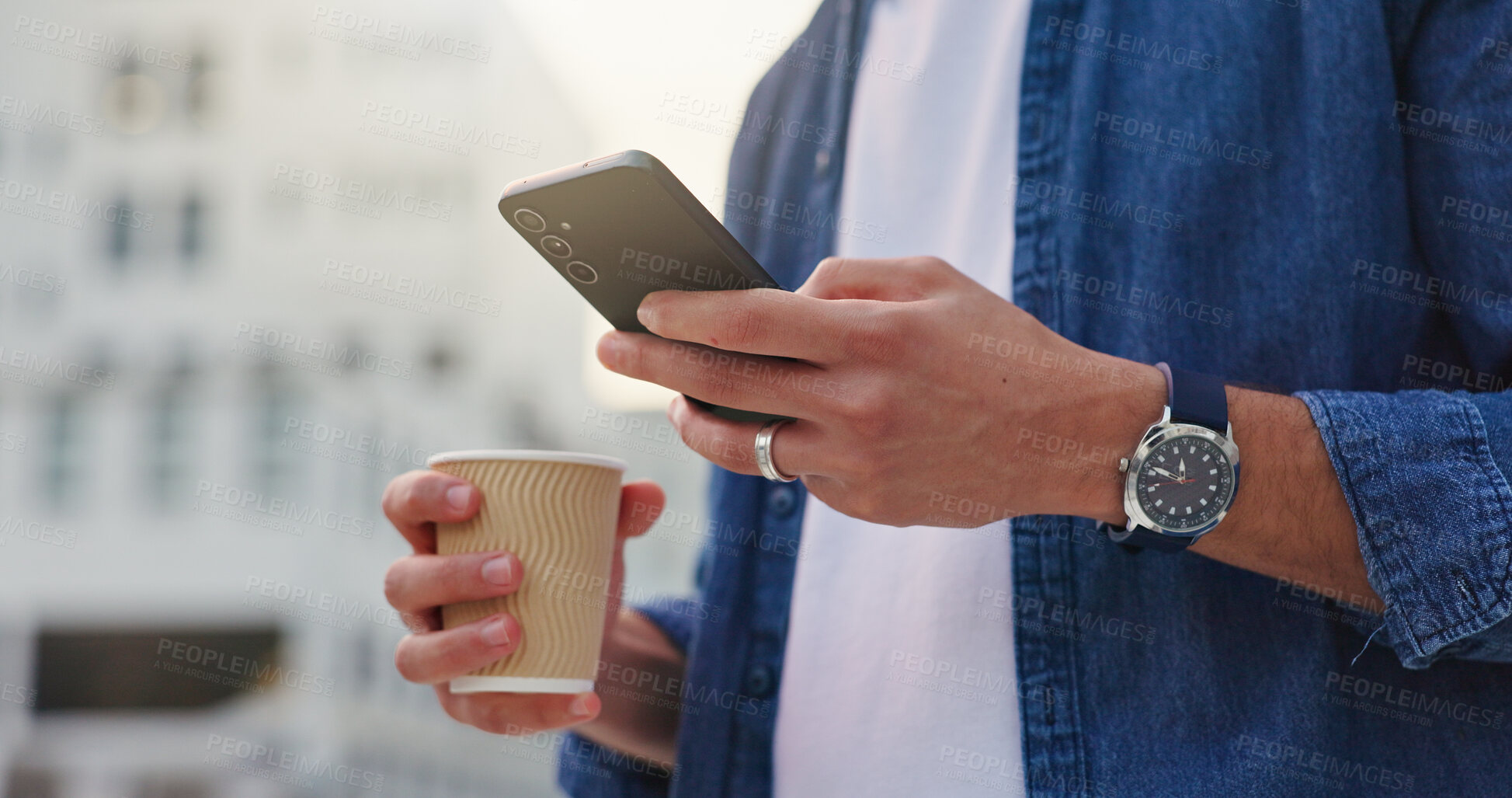 Buy stock photo City, hands and person with phone for chat, scroll and browse online or internet. Outdoor, tech and coffee with connection and mobile app for social media, networking and text message to contact