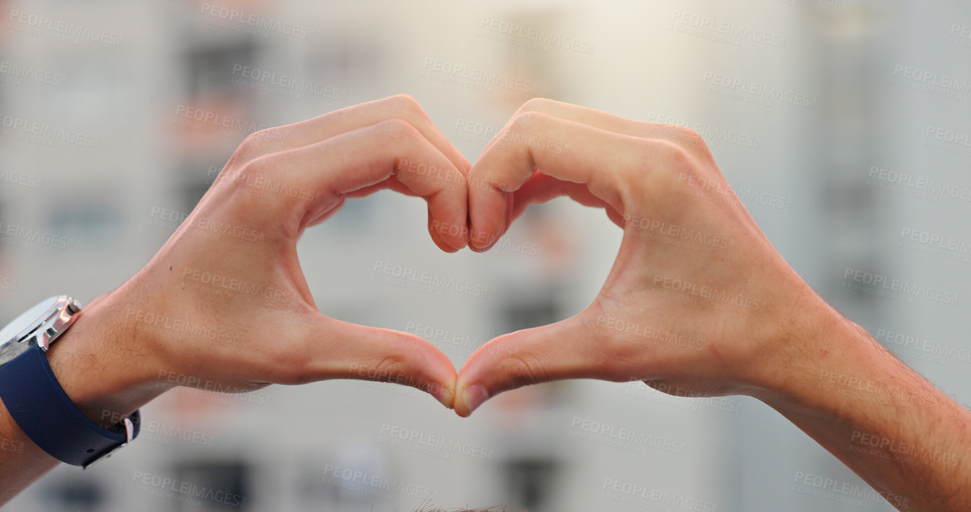 Buy stock photo Heart hands, care and support with man in city for community, gratitude and kindness gesture. Forgiveness, peace and trust with closeup of person outdoor for hope, compassion and love symbol