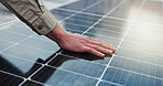Solar panel, electrical engineer and renewable energy on roof, hand or sustainable power maintenance. Photovoltaic, grid and person with alternative electricity with zero emissions, flare and service