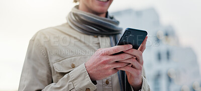 Buy stock photo City, hands and person with phone for contact, chat and browse online or internet. Outdoor, technology and smile with connection and mobile app for social media, networking and text message or scroll