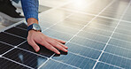 Solar grid, hand and renewable energy on roof, electrical engineer or sustainable power maintenance. Photovoltaic, panel and person with alternative electricity with zero emissions, flare and service