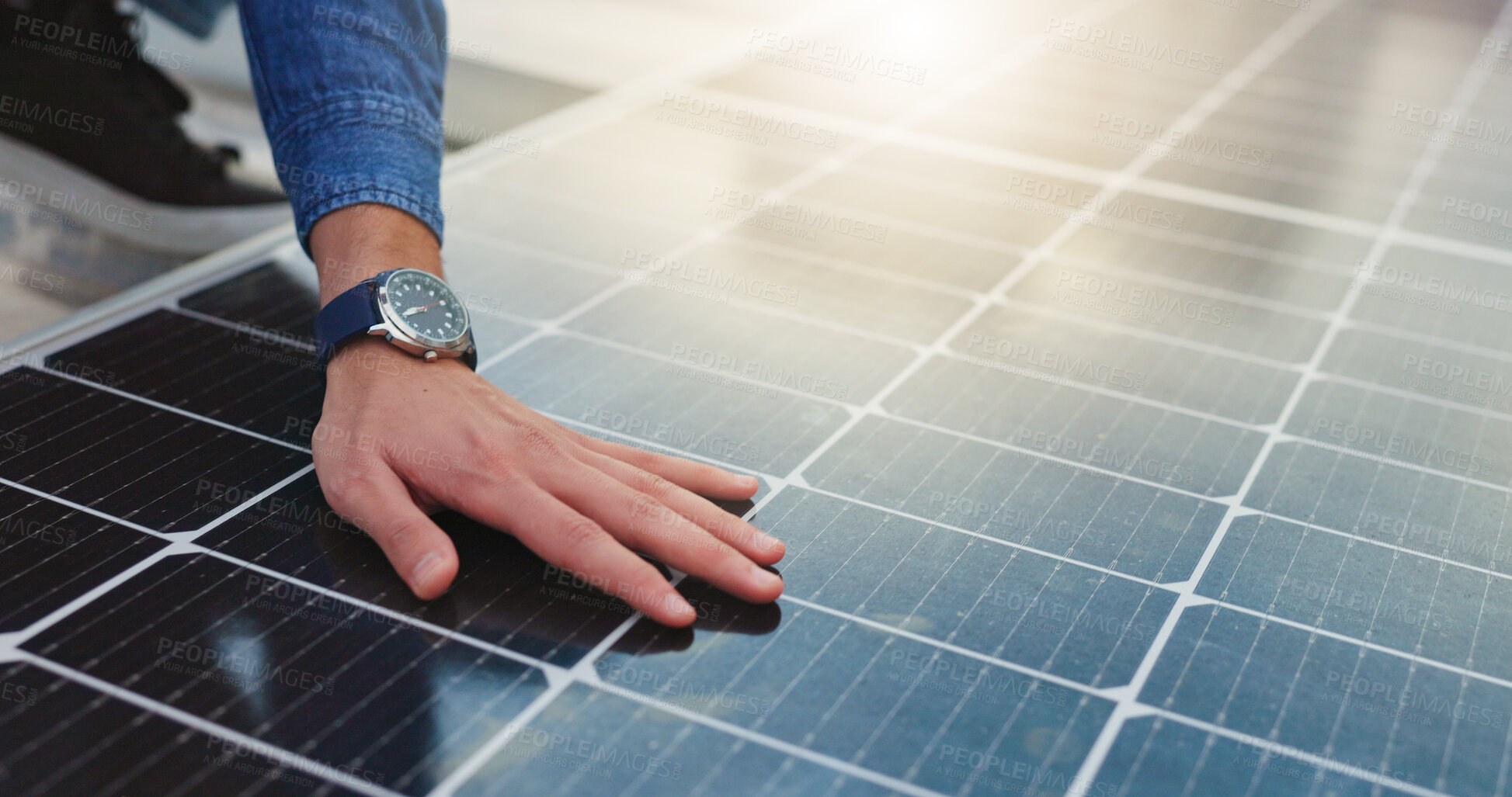 Buy stock photo Solar grid, hand and renewable energy on roof, electrical engineer or sustainable power maintenance. Photovoltaic, panel and person with alternative electricity with zero emissions, flare and service