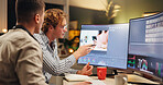 Men, designers or night with computer for digital marketing, color correction or editing in office. Male people, creative team or editor working late on technology for UI development or app design
