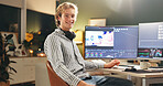 Happy man, portrait and night with video editor on computer for digital marketing or production. Male person, creative designer or working late with smile, app or technology for development or design