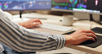 Buy stock photo Remote work, hands and man with computer for programming, internet and data analysis. Person, home or employee with pc, email or web development for ux experience, cybersecurity research or code html