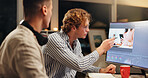 Video editor, team and men with computer screen planning, pointing or post production at night. Desktop monitor, people and idea for business, creative project or editing media on overtime in office