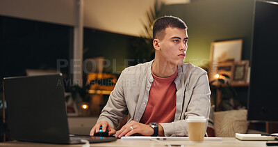 Buy stock photo Man, graphic designer and computer in home at night for editing, feedback and content creator. Male person, pc or website for digital art, check quality and working late for media production at house