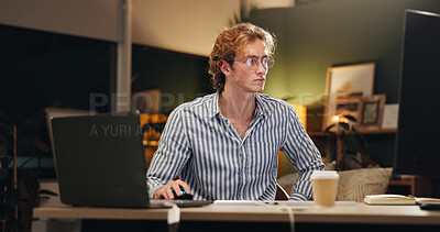 Buy stock photo Man, reading and computer in office with night, overtime and creative writer at publishing agency. Proposal, professional journalist and deadline for news article, reporter and laptop in workplace