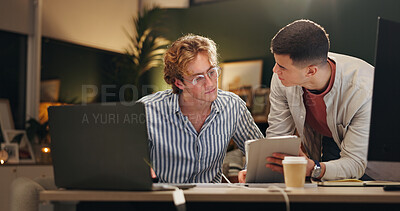 Buy stock photo Night, creative and team in office with tablet, campaign review or discussion for digital marketing. Late, people and conversation with tech for planning, brainstorming or online advertising insight.