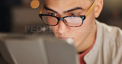 Buy stock photo Evening, tablet and man with glasses, shocked or online reading for web development. Night, eyewear or person with tech, cyber security or app for programming, confused or report for phishing scam