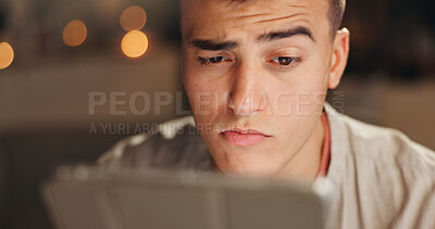 Buy stock photo Night, confused or man in house with phone, surprised chat or news update on social media. Digital, bokeh or male person in home with tech, internet search or online weather results in late evening.