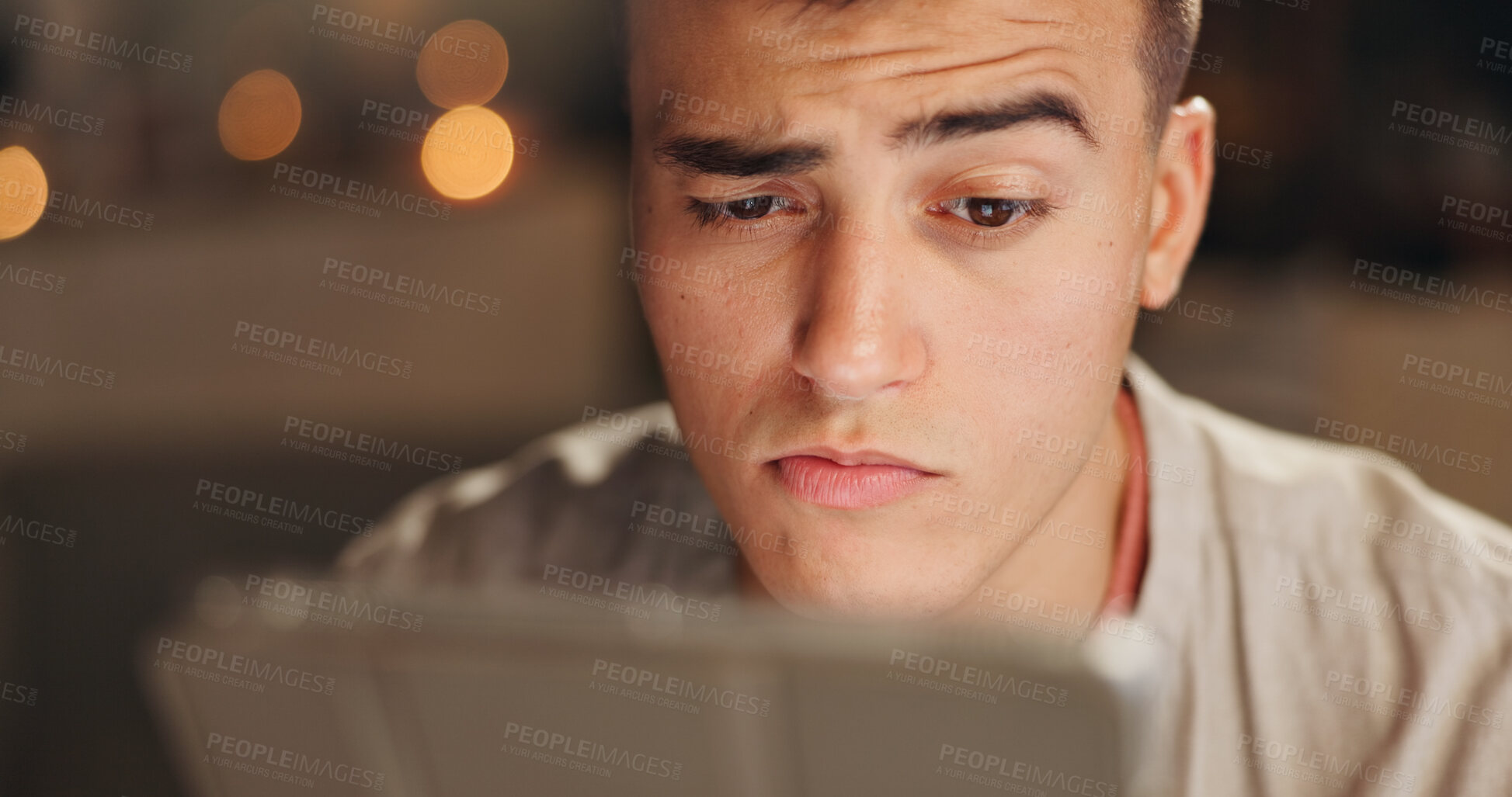 Buy stock photo Night, confused or man in house with phone, surprised chat or news update on social media. Digital, bokeh or male person in home with tech, internet search or online weather results in late evening.