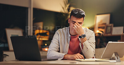 Buy stock photo Night, headache or man in office with laptop, screen fatigue or eye strain in task management. Migraine, glasses or employee in workplace with tech, deadline issue or vision discomfort in late shift.