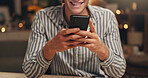 Night, man and hands in office with phone, text message or smile for online dating site notification. Bokeh, late or happy person in workplace with tech, digital communication or social media update.