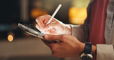 Buy stock photo Creative, tablet and hands with stylus, office and illustration on website, working late or deadline. Night, graphic designer and person with tech for design, sketch and brand identity for project