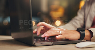 Buy stock photo Night, man or hands in office with laptop, research or typing insights report for advertising project. Late, bokeh or person in workplace with computer, internet or productivity for digital marketing