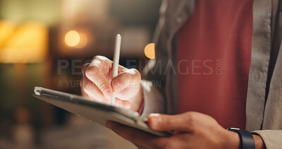 Buy stock photo Online, tablet and hands with stylus, office and illustration on website, working late and deadline. Night, graphic designer and person with tech for design, sketch and brand identity for project