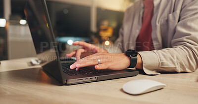 Buy stock photo Night, person or hands in office with laptop, research or typing insights report for advertising project. Late, bokeh or man in workplace with computer, internet or productivity for digital marketing