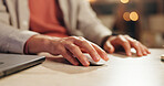 Hands, person and mouse at laptop for research, scroll and click for website selection at night. Bokeh, creative and man in home with wireless tech, browsing internet or late search on media platform