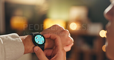 Buy stock photo Hands, man and smart watch in home at night for time, check notification and sleep schedule. Bokeh, male person and wristwatch for reading message, app update and online reminder for bedtime at house