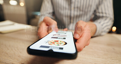 Buy stock photo Person, hands and phone screen with food menu for online order, cuisine option or selection. Closeup, customer or scrolling with mobile smartphone display or UI for meal, delivery app or restaurant