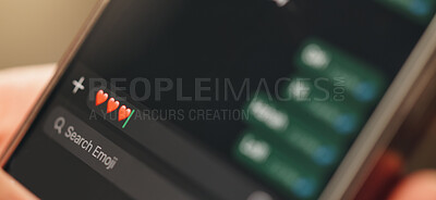 Buy stock photo Phone screen, chat or message with heart emoji for virtual dating, romantic relationship or connection. Online conversation, partner response or mobile with icon for digital romance, love and closeup