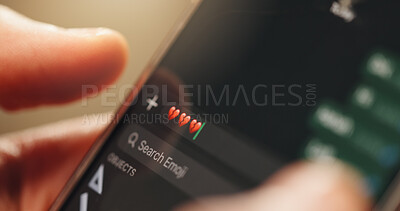 Buy stock photo Phone screen, hands or message with broken heart emoji for virtual dating, disappointed or connection. Online chat, partner response or mobile with icon for digital heartbreak, upset person or ui